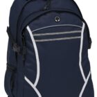 A navy blue backpack with multiple compartments and white piping accents. It has a handle on top and adjustable shoulder straps.