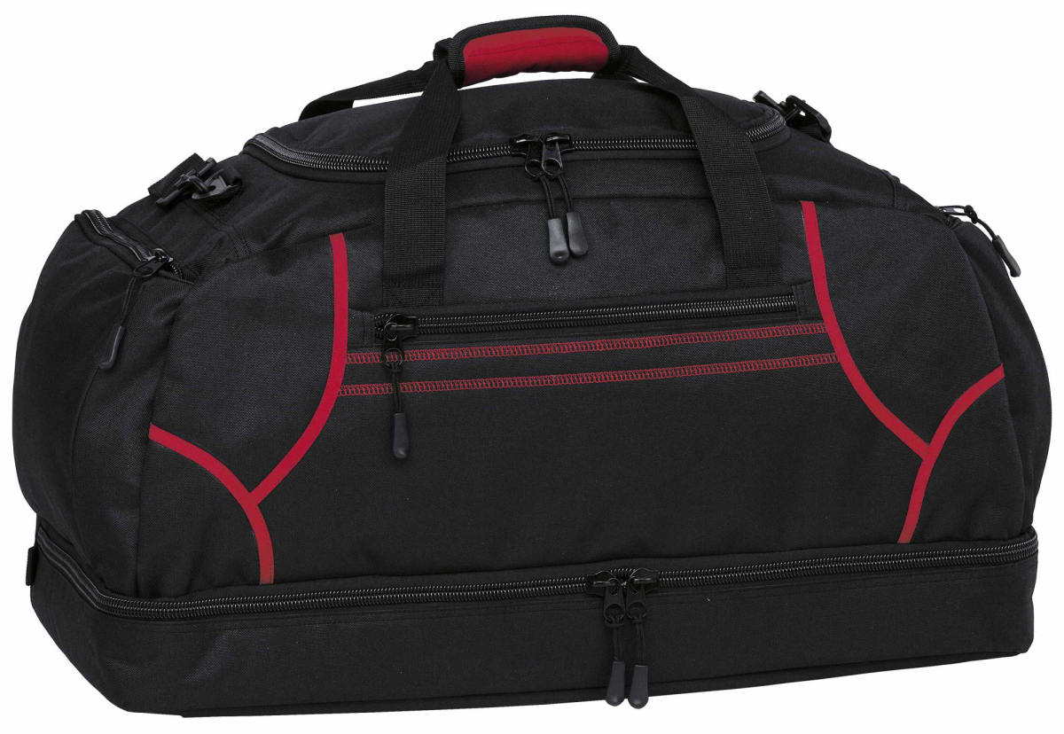 A black duffel bag with red accents and multiple zippers. It has a large main compartment, side pockets, and a reinforced handle with padding.