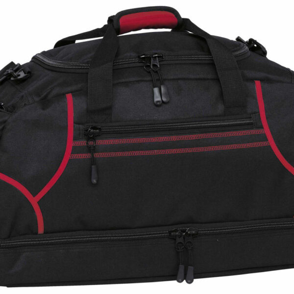 A black duffel bag with red accents and multiple compartments. It features sturdy handles and zippers, providing ample storage space.