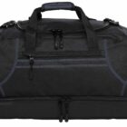 A black duffel bag with multiple compartments, zippers, and handles. The bag appears to be made of durable fabric.