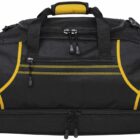 A black duffel bag with yellow accents. It has multiple zippered compartments, a handle with a yellow padded grip, and an adjustable shoulder strap. The design features yellow curved lines on the front.