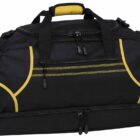 A black sports duffel bag with yellow accents, featuring multiple zippered compartments and two handles. It has a structured design, suitable for gym or travel use.