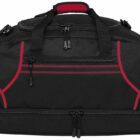 A black and red duffel bag with multiple compartments and zippers. The bag features a handle on top and an additional zippered pocket at the bottom. The design includes contrasting red accents and stitching on the front.