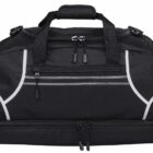 A black duffel bag with a double-zippered main compartment, two side pockets, and gray accents. The bag features a handle on top and adjustable shoulder straps, with additional zippers on the front.