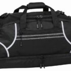 Black duffel bag with dual handles and several zippered compartments, including a large main section and two side pockets. Accented with white piping details.