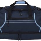 A navy blue duffel bag with light blue accents and black handles. The bag features multiple zippers and compartments, including a main section and a bottom pocket, designed for travel or sports use.