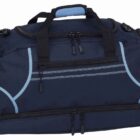 A blue and black sports duffel bag with multiple zippered compartments, black handles, and a padded shoulder strap.