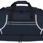 A large dark blue duffel bag with black handles and zippers. It has white piping details and multiple compartments. The bag is positioned against a white background.
