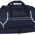 A navy blue duffle bag with black handles and zippers, featuring white accents on the sides. The bag has multiple compartments and is designed for travel or sports use.
