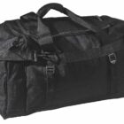 A black duffel bag with multiple compartments and zippers is shown. It has sturdy handles and an adjustable shoulder strap, designed for carrying personal items or travel gear.
