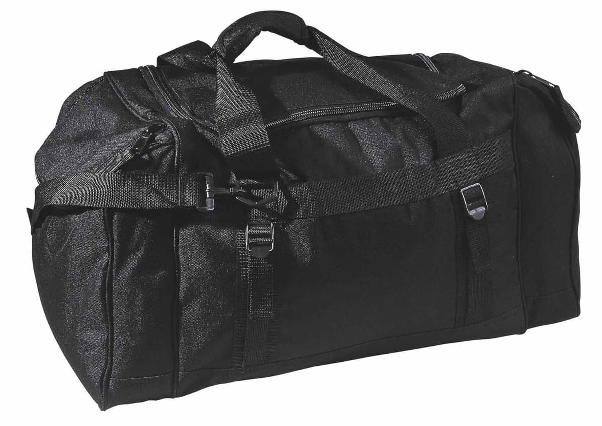 A black duffel bag with multiple compartments and zippers is shown. It has sturdy handles and an adjustable shoulder strap, designed for carrying personal items or travel gear.
