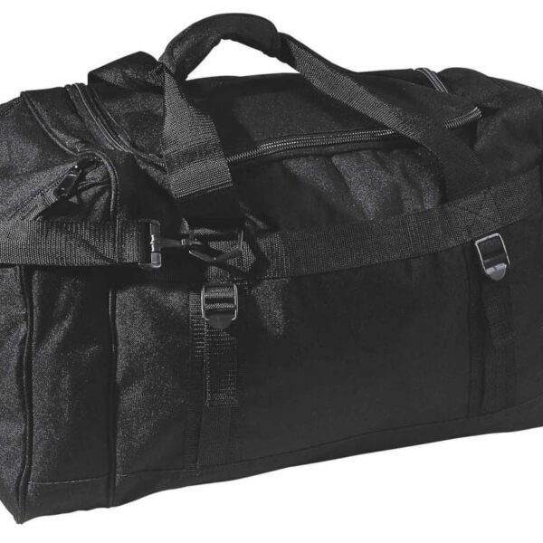 A large black duffel bag with multiple compartments and sturdy handles. The bag has a zipper closure, adjustable shoulder strap, and metal buckles, designed for travel or sports use.