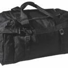 A large black duffel bag with sturdy handles and a shoulder strap. The bag features multiple zipper compartments and shiny metal buckles, set against a plain white background.