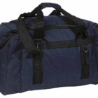 A large, navy blue duffel bag with black straps and multiple zippered compartments. The bag has a spacious main section and additional side pockets for storage.
