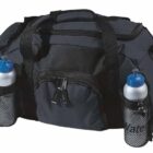 A black duffel bag with multiple compartments, featuring two side pockets holding silver water bottles with blue caps. The bag has black straps and zippers.