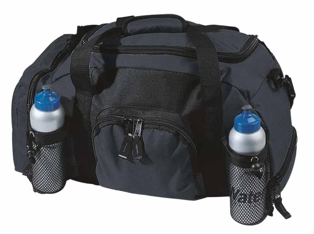 A black duffel bag with multiple compartments, featuring two side pockets holding silver water bottles with blue caps. The bag has black straps and zippers.