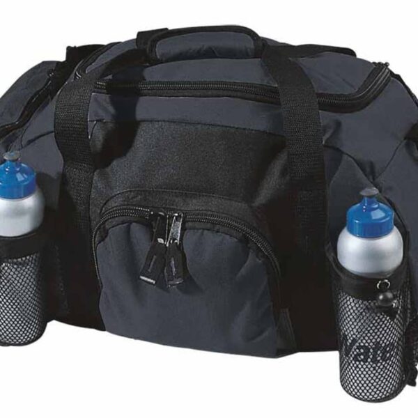 A black duffel bag with multiple zippered compartments. It has two mesh pockets on either side, each holding a silver and blue water bottle. The bag features handles and an adjustable shoulder strap.