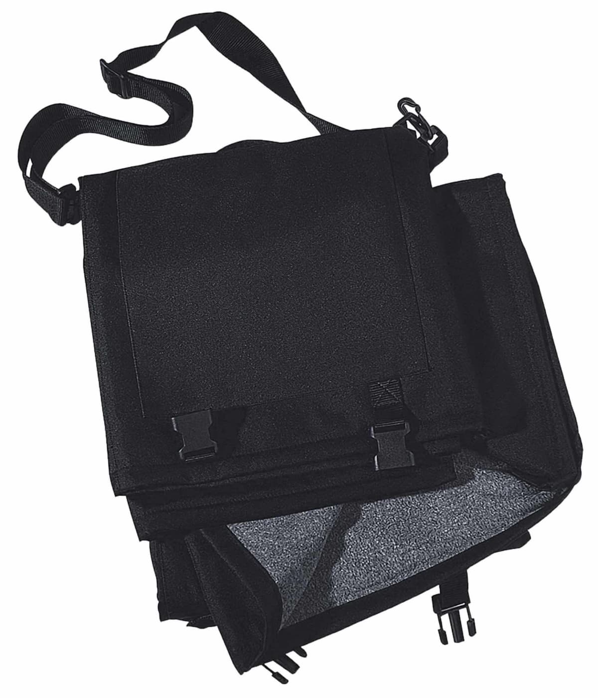 A black messenger bag with a shoulder strap and buckle closures. The flap is open to reveal the interior, showing a gray lining.