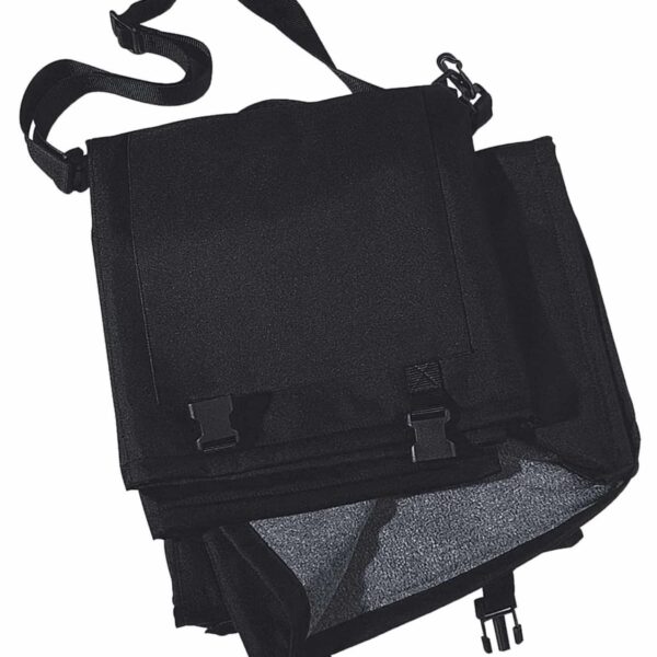 A black tactical folding seat with adjustable straps and buckles. The seat has a durable, rugged design with padded sections for comfort and support. Adjustable buckles are visible on the sides for securing the seat.