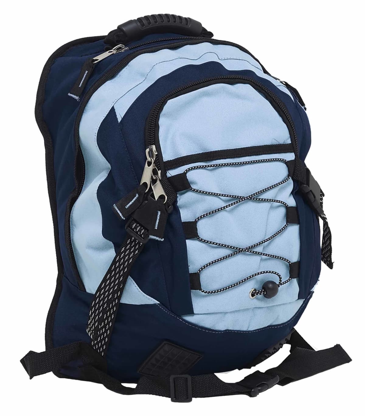 A blue and light blue backpack with multiple compartments, black zippers, and adjustable straps. The front features a bungee cord for extra storage, and the backpack has a sleek, sturdy design.