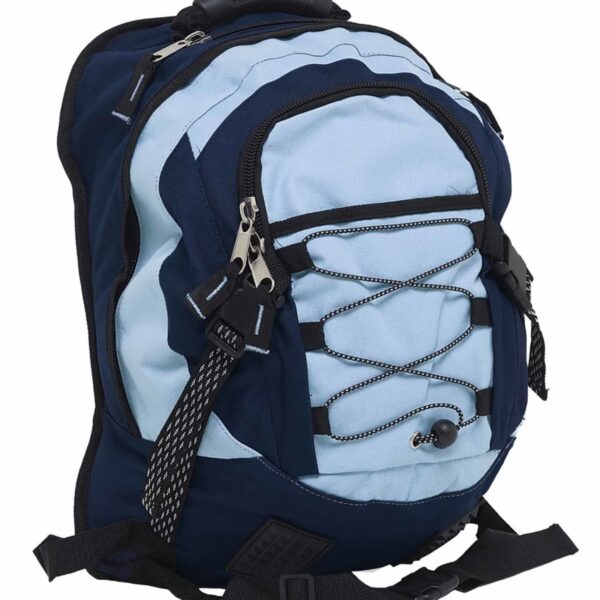 A blue and black backpack with a top handle, several zippered compartments, and adjustable straps. The front features a bungee cord design for additional storage.