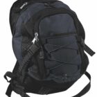 A black and gray backpack with multiple compartments, zippers, and adjustable straps. It features a front pocket with a crisscross bungee cord design.