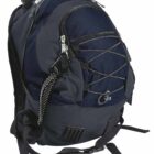 A black and navy blue backpack with multiple compartments, featuring a front bungee cord for extra storage. The bag has adjustable shoulder straps and side pockets, designed for versatility and everyday use.