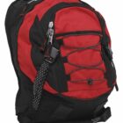 A red and black backpack with zippered compartments, adjustable padded straps, and a handle at the top. The bag features reflective cord details on the front and appears suitable for outdoor activities or school use.