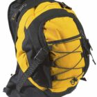A yellow and black hiking backpack with multiple compartments and adjustable straps. The front features a bungee cord system for additional storage. The backpack is slightly angled to show the side and front details.