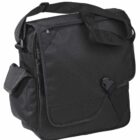 A black messenger bag with a long, adjustable shoulder strap. The bag has a flap closure secured by a buckle and features a side pocket for additional storage. The material appears to be durable and suitable for daily use.