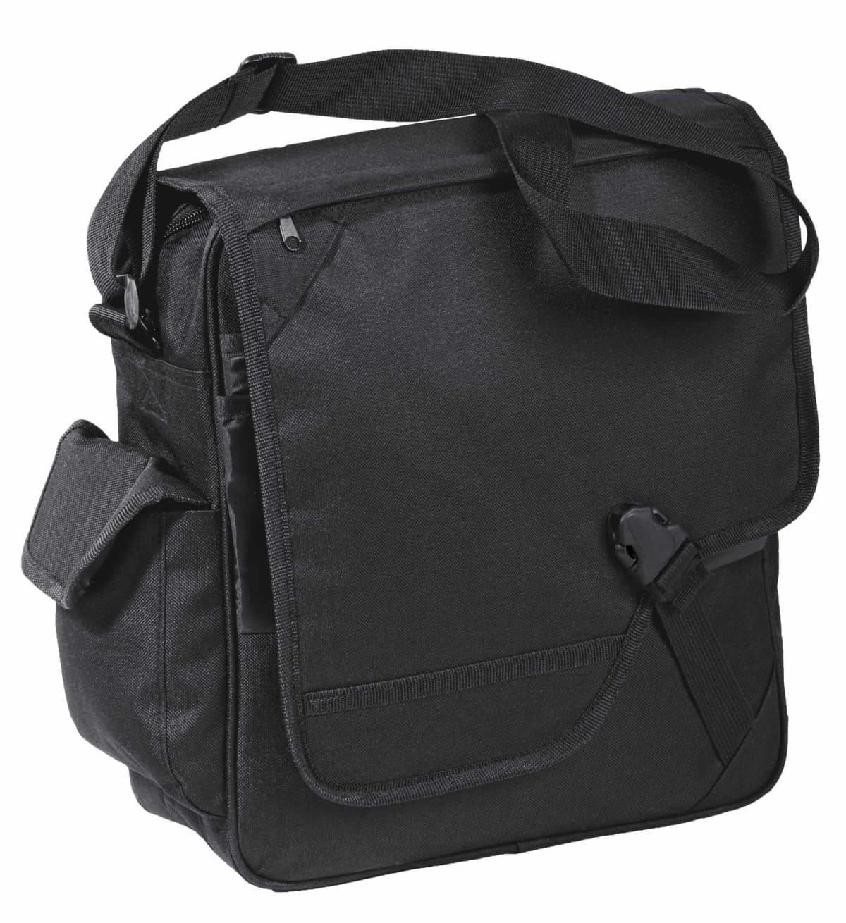 A black messenger bag with a long, adjustable shoulder strap. The bag has a flap closure secured by a buckle and features a side pocket for additional storage. The material appears to be durable and suitable for daily use.