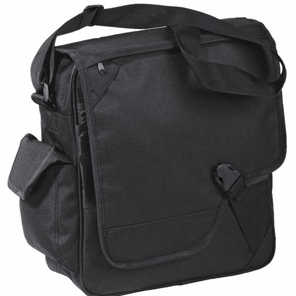 A black messenger bag with a large front flap, adjustable shoulder strap, and side pocket. The bag is standing upright, highlighting its sturdy design and spacious compartments.