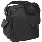 Black messenger bag with an adjustable shoulder strap and multiple compartments. The flap is secured with a buckle. The bag has a side pocket and a sleek, minimalist design.