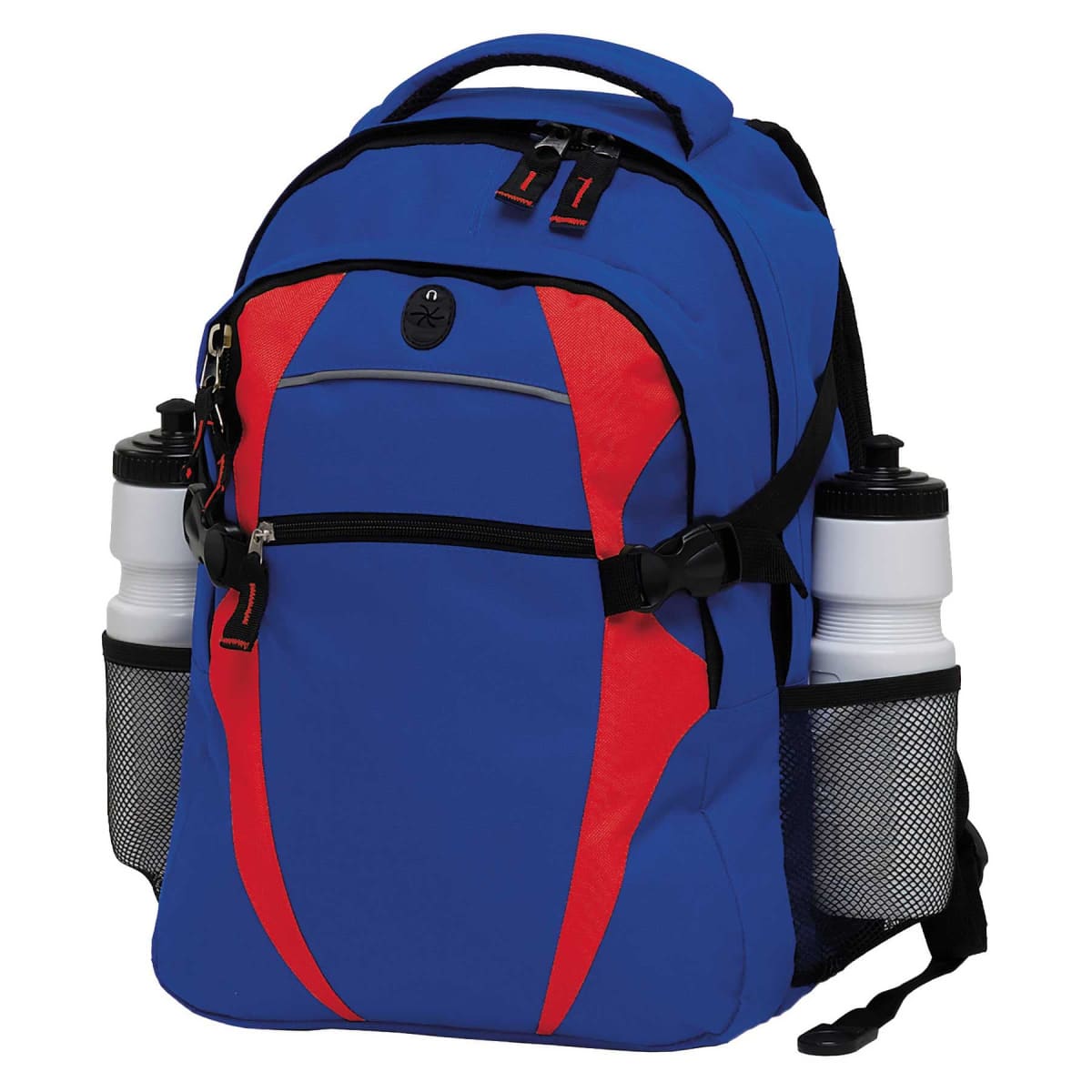 A blue and red backpack with a front zipper pocket, two side mesh pockets holding white water bottles, and a top handle. It has adjustable shoulder straps and black detailing.