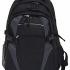 A black and gray backpack with multiple compartments and zippers. It features two side mesh pockets and adjustable shoulder straps. The design is sleek and functional, suitable for travel or daily use.