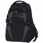 A black and gray backpack with multiple compartments, zippers, and side mesh pockets. The design is practical for carrying items, featuring adjustable straps for comfort.