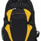 A black and yellow backpack with multiple compartments and zipper closures. It features side mesh pockets and adjustable straps, ideal for carrying books and supplies.