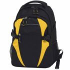 A black and yellow backpack with multiple compartments. It features adjustable shoulder straps, two side mesh pockets, and zip closures with yellow accents for added style.