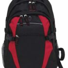 A black and red backpack with multiple zippered compartments and a top handle. It features side mesh pockets and adjustable shoulder straps.