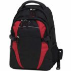 A black and red backpack with multiple compartments and zippers. It features side mesh pockets and a sturdy top handle.