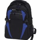A black and blue backpack with multiple zippered compartments and a mesh pocket on the side. The design features a sturdy handle and adjustable straps, suitable for school or travel use.