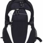 A black and white backpack featuring multiple zippered compartments. It has side mesh pockets, adjustable shoulder straps, and a top handle for carrying. The design is sporty and functional, suitable for travel or daily use.
