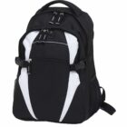A black and white backpack with multiple compartments and zippers, featuring a top handle and adjustable shoulder straps. The design includes angular white accents on the front, giving it a modern and sporty look.