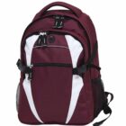 A maroon and white backpack with multiple compartments, black zippers, and side mesh pockets. It features a top handle and adjustable shoulder straps.