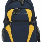 A blue backpack with yellow accents and multiple zippered compartments. It has adjustable shoulder straps and side mesh pockets. The design is sporty and functional, suitable for various activities.