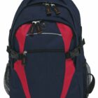 A blue and red backpack with multiple zippered compartments and side mesh pockets, designed for functionality and style.