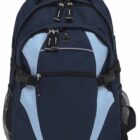 A blue and black backpack with multiple compartments. It features two zippers on the front, side mesh pockets, adjustable shoulder straps, and a top handle. The design includes light blue panels for contrast.