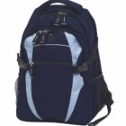 A black and light blue backpack with multiple compartments, zippers, and side mesh pockets. The bag features adjustable shoulder straps and a top handle for carrying.
