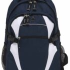 A navy blue and white backpack with multiple compartments. It features two main zippers, side mesh pockets, and adjustable shoulder straps. The design has curved white panels on the front.