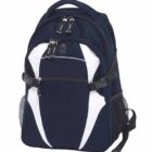 A black and white backpack with multiple compartments, two side mesh pockets, and adjustable straps. The top features two zipper pulls, and the front has a distinctive curved design.
